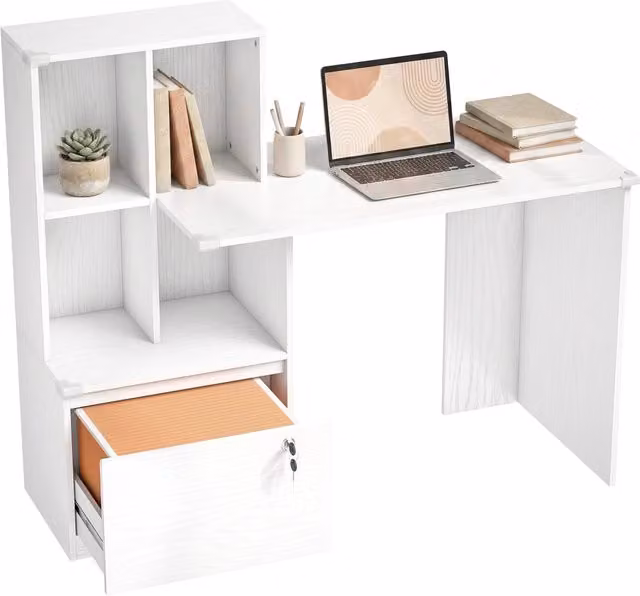 Scrivania per computer Xylo con libreria a 4 ripiani e cassetto in legno bianco L: 126 cm, P: 50 cm, H: 109 cm