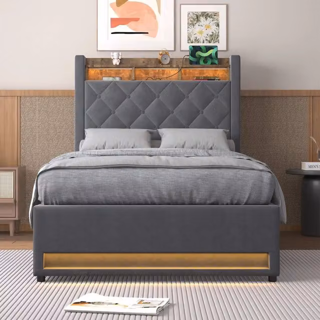 Letto singolo imbottito in velluto grigio con LED, USB e contenitore 90x190 cm