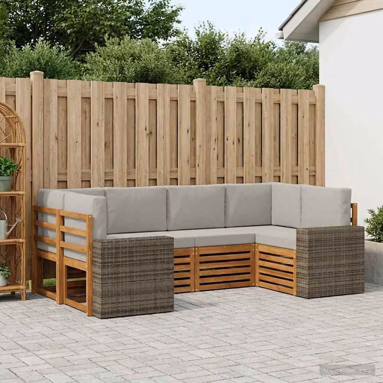vidaXL Set di divani da esterno a L composto da 6 pezzi in legno di acacia con cuscini, colore beige e grigio