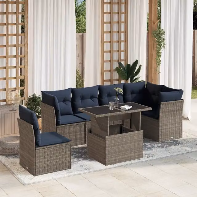 Set da giardino moderno vidaXL composto da 7 pezzi con divani a L, tavolino e cuscini grigi in polyrattan e struttura in acciaio verniciato a polvere