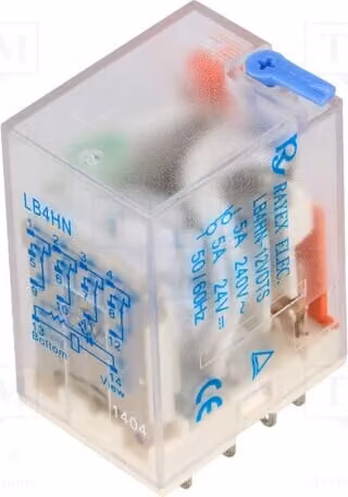 1 relè: elettromagnetico, 5A/240VAC, bobina: 12VDC, 4PDT, modello LB4HN-12DTS, marca Elektro