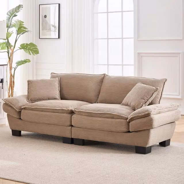 Divano a 2 posti con seduta extra profonda braccioli imbottiti e cuscini in velluto a coste kaki 224 × 81 × 81 cm