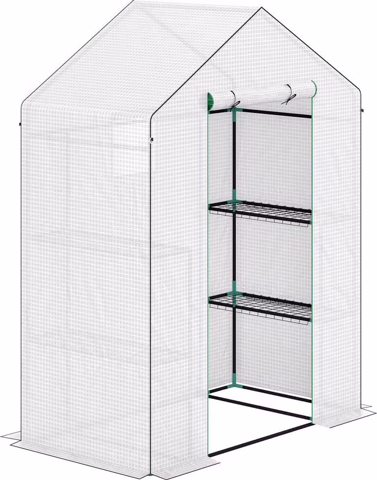 Serra con porta scorrevole, finestre, ripiani, resistente all'inverno; serra in acciaio con copertura in plastica, serra per pomodori 143 x 74 x 190 cm, serra per pomodori e ortaggi, bianca