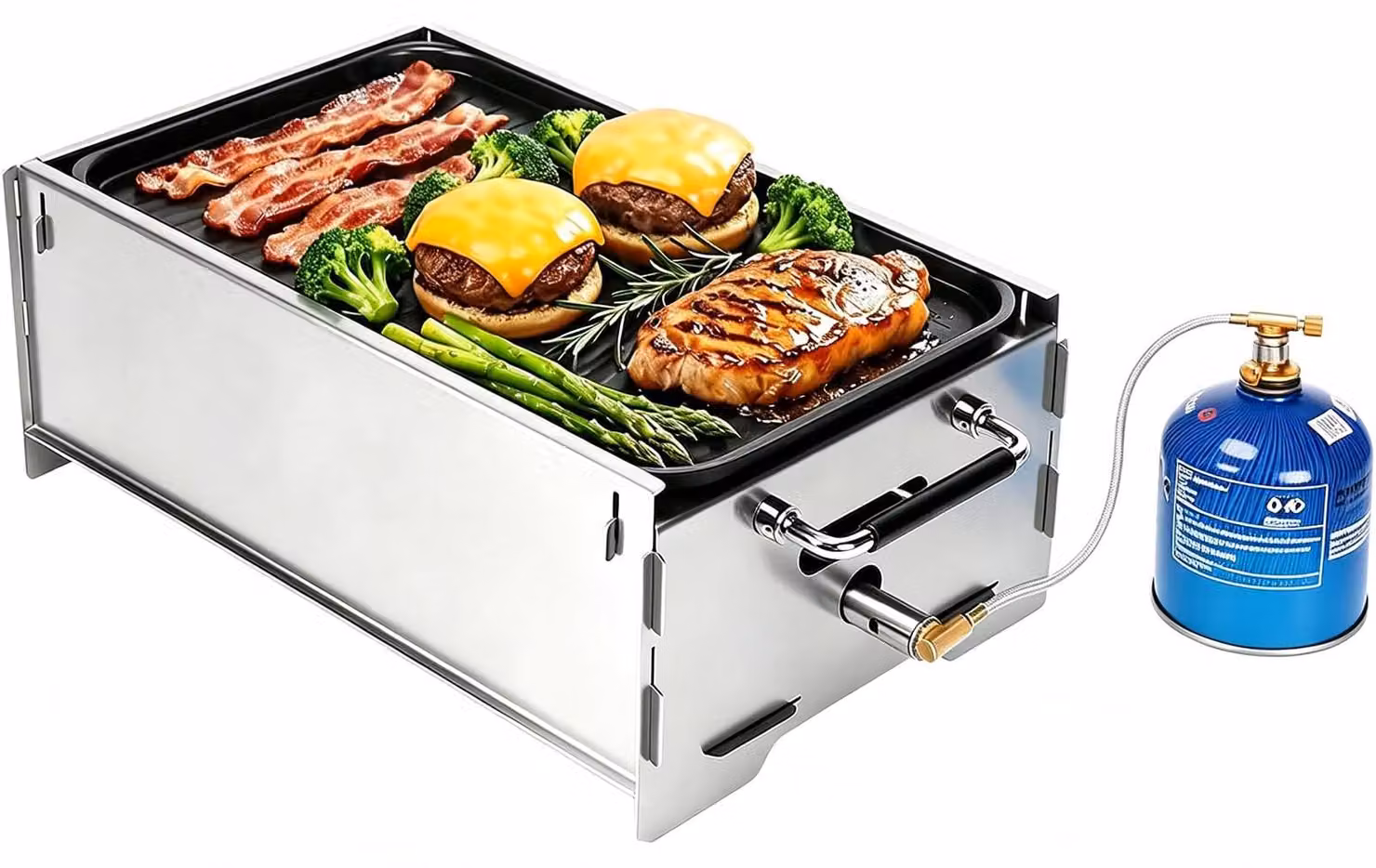 Barbecue a gas portatile - Gas e carbonella - 49,5 x 26,2 x 16 cm - Acciaio inox - Per campeggio e balcone