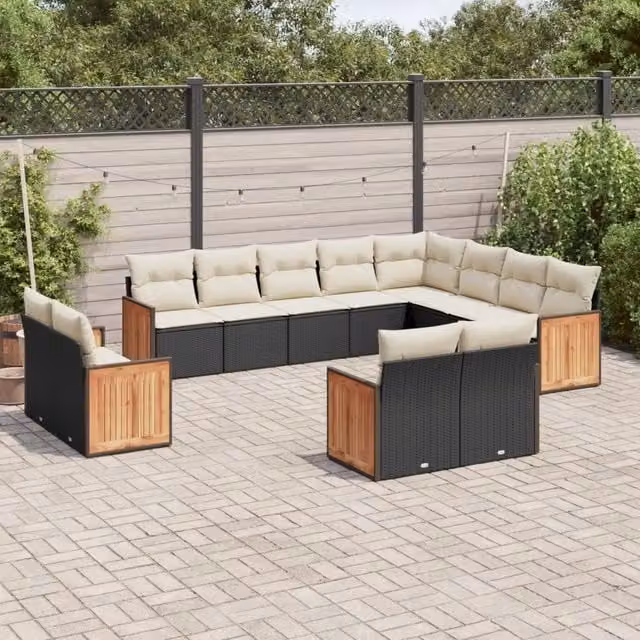 Set di divani da giardino VIDAXL a forma di U in polyrattan nero con cuscini, 12 posti
