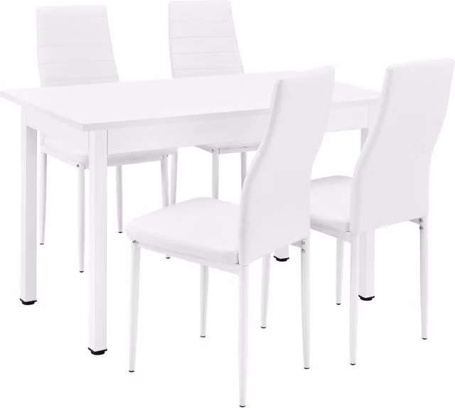 Set da Sala da Pranzo Tavolo con 4 Sedie Gambe in Acciaio Rivestimento in Similpelle - Bianco [en.casa]