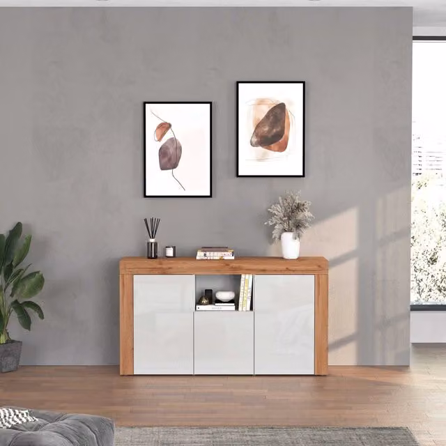 WHOUS Credenza Chronos 3 ante e 1 vano bianco lucido e rovere 155x40x85 cm