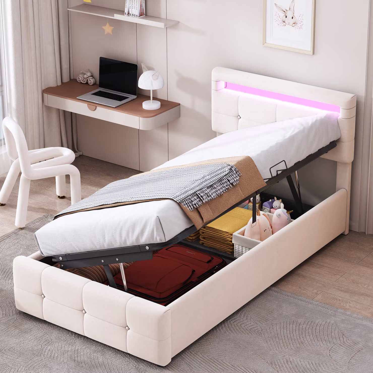 Letto imbottito Merax 90x200cm con LED e rete a doghe, letto contenitore idraulico con testata regolabile in altezza, letto singolo in velluto letto per bambini letto con contenitore alto