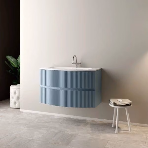 Mobile Bagno Sospeso d'Angolo MOB Moderno in MDF Lucido Bianco e Blu