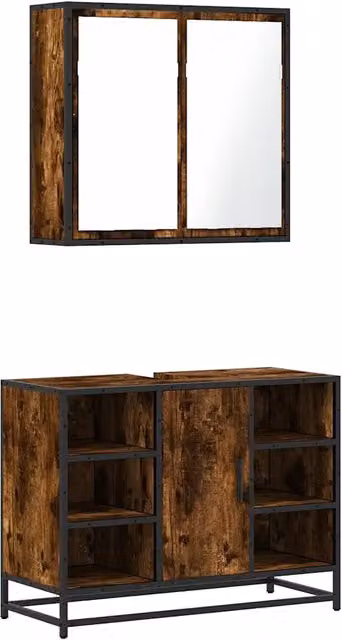Set Mobili da Bagno | Armadio da bagno 2 pz Rovere Fumo in Legno Multistrato