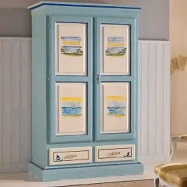 Armadio Verona KIVIO in legno di abete stile shabby chic blu e bianco L: 60 cm, P: 125 cm, H: 200 cm