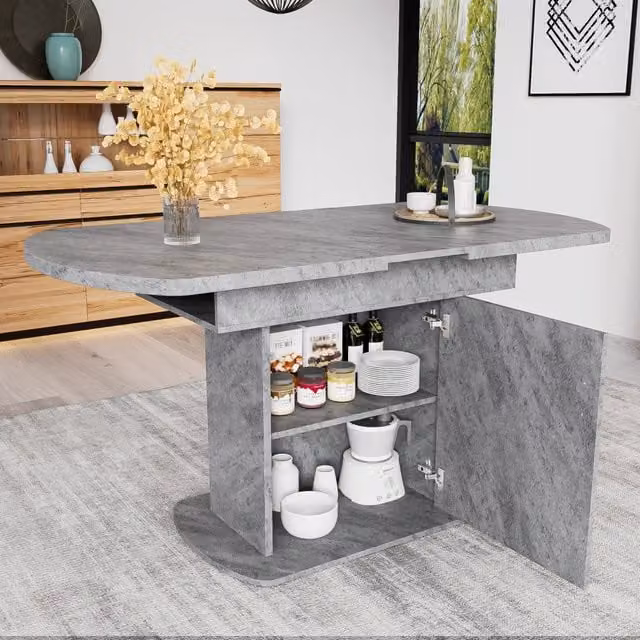 Tavolo da pranzo ovale allungabile REDOM con vani portaoggetti, grigio opaco