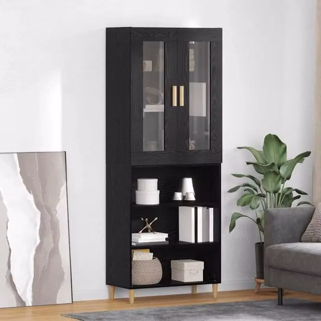 Credenza moderna vidaXL in rovere e vetro nero con ante a battente per soggiorno o sala da pranzo L: 69,5 cm, P: 34 cm, H: 180 cm