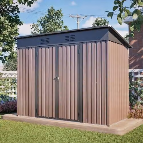 Capanno per attrezzi in metallo, dimensioni 8x4 piedi, con struttura di base – casetta da giardino resistente alle intemperie, color marrone – porte con serratura e sistema di ventilazione – capanno da giardino per attrezzi, biciclette, bidoni della spazz