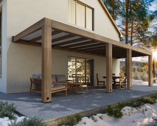Pergola Helsinki Canoia in legno di cedro con tetto in policarbonato, colori grigio e marrone, L: 8,6 m x P: 3 m