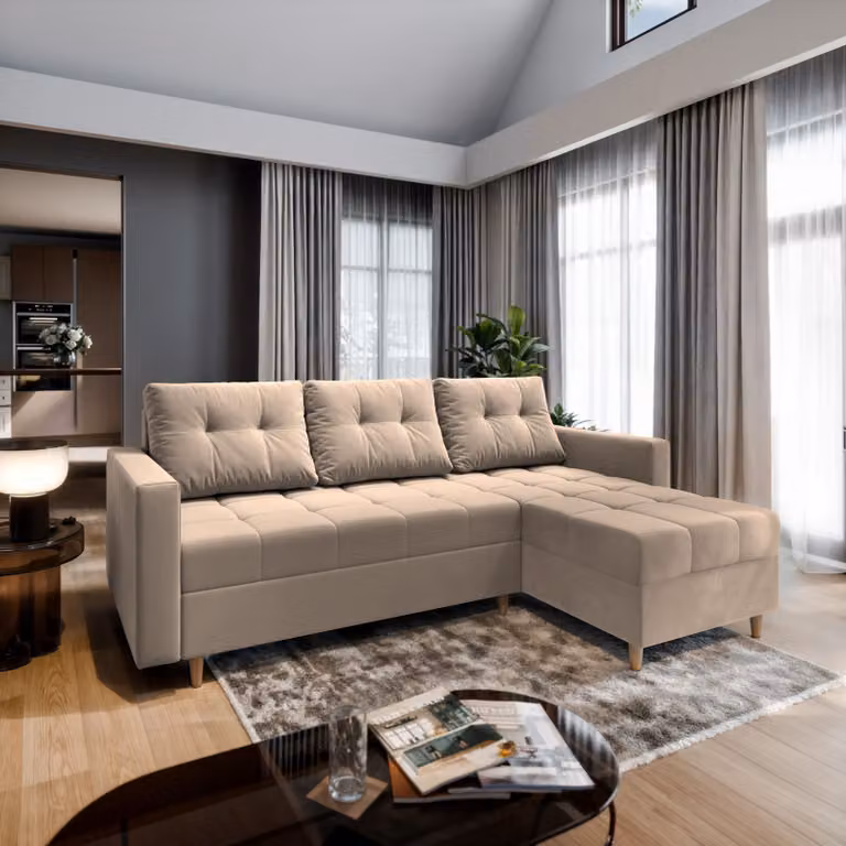 Divano angolare Masseno MILO L con funzione letto a L, divano con box letto, divano da soggiorno, divano, divano letto, set di divani - beige, PAROS 02