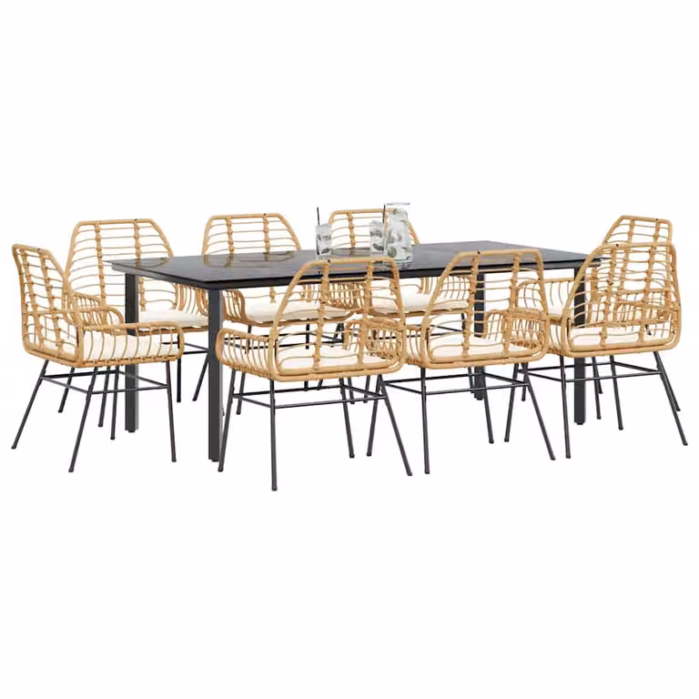 Set da pranzo da giardino vidaXL in polyrattan con tavolo in vetro e 9 pezzi con cuscini