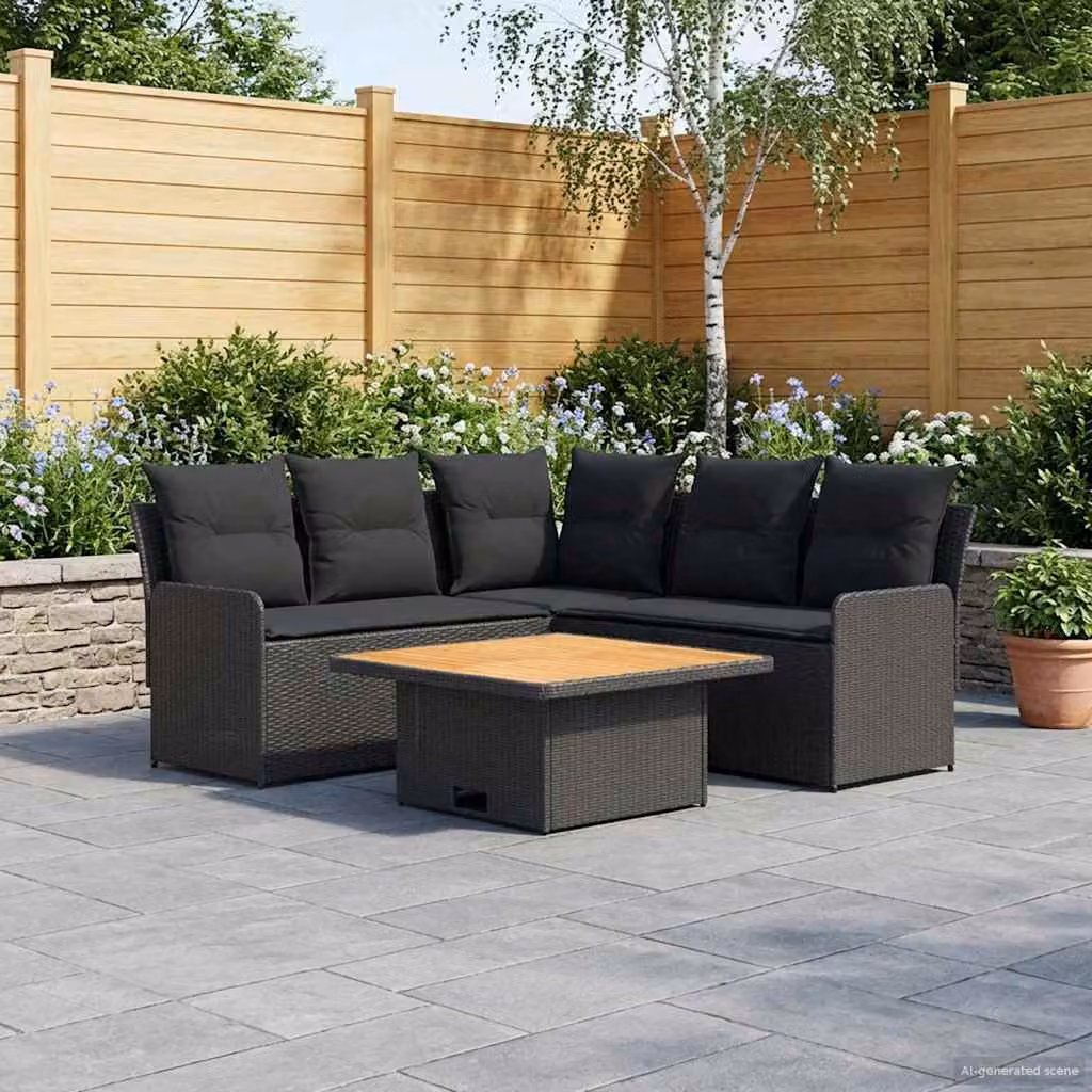 Set di mobili da giardino moderno vidaXL composto da 4 pezzi in rattan nero con cuscini inclusi e struttura in acciaio verniciato a polvere e legno di acacia