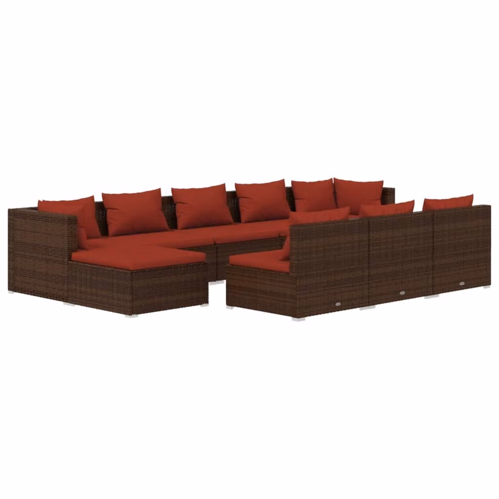 Set Divani da Giardino 10 pz con Cuscini in Polyrattan Marrone