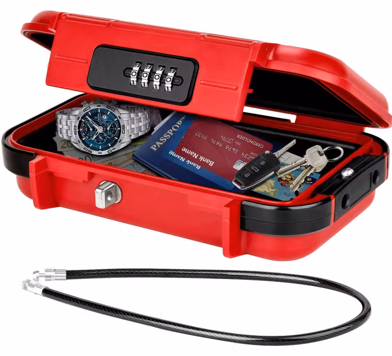 Cassaforte portatile rossa - Serratura a combinazione - 23,5 x 14 x 6 cm - Plastica - Ideale per viaggi e uso domestico