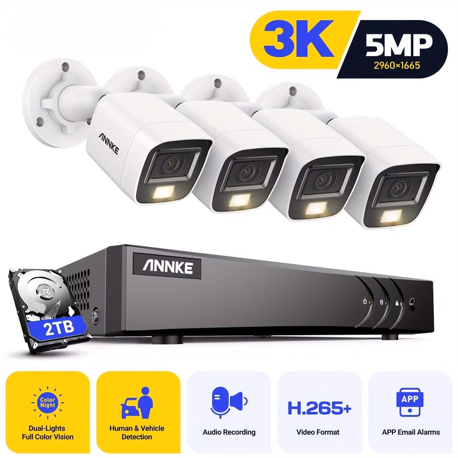 Kit di telecamere di sicurezza – Sistema di telecamere – Telecamere di sorveglianza – 4 telecamere con risoluzione 3K – Archiviazione su HDD da 2TB
