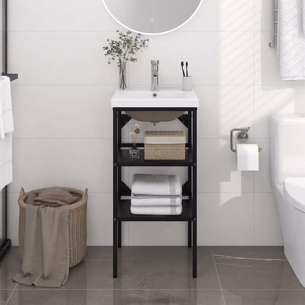 vidaXL Telaio per Lavabo da Bagno con Lavabo Integrato in Metallo e Ceramica Nero e Bianco