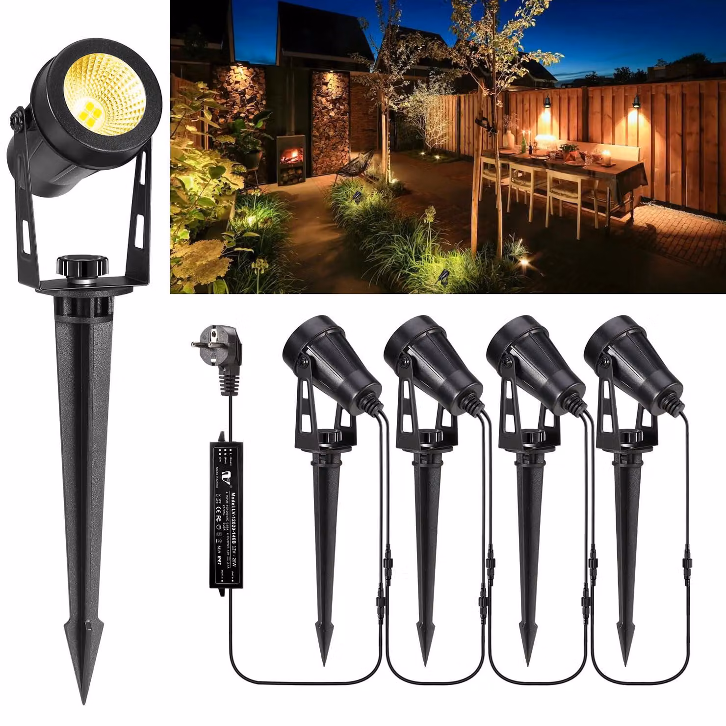 Faretti da giardino a LED, set di 4 pezzi, lunghezza cavo 15 metri, 12V, 3W, 1200 lumen, luce bianco caldo, grado di protezione IP65