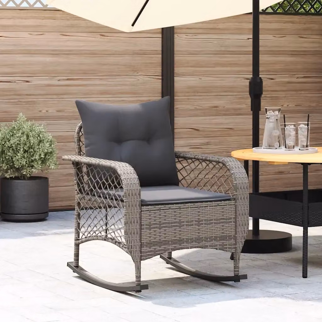 Sedia a Dondolo da Giardino in Polyrattan Grigio con Cuscini e Braccioli – 2