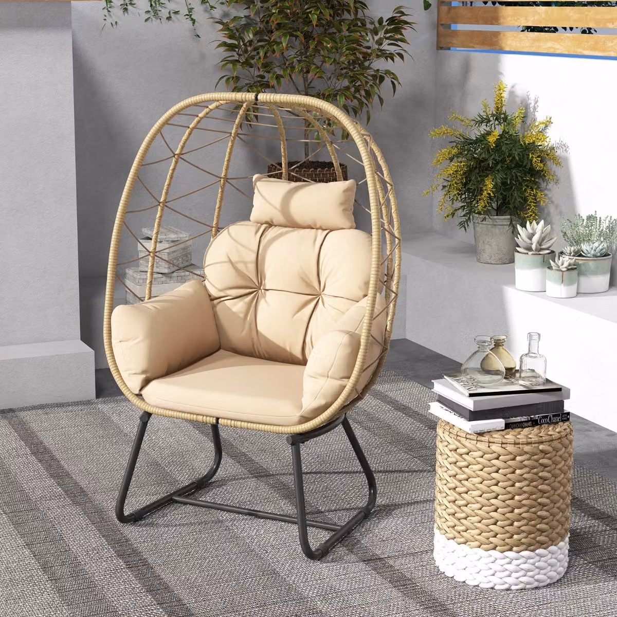 Costway Poltrona sospesa a uovo in rattan con cuscino rimovibile e supporto in metallo, Beige, H 145 x L 100 x P 76 cm – 2