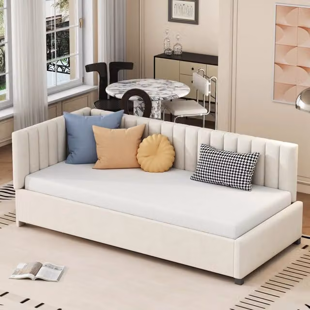 Letto divano singolo 200 × 90 cm con testiera reversibile, senza materasso, imbottito in velluto beige