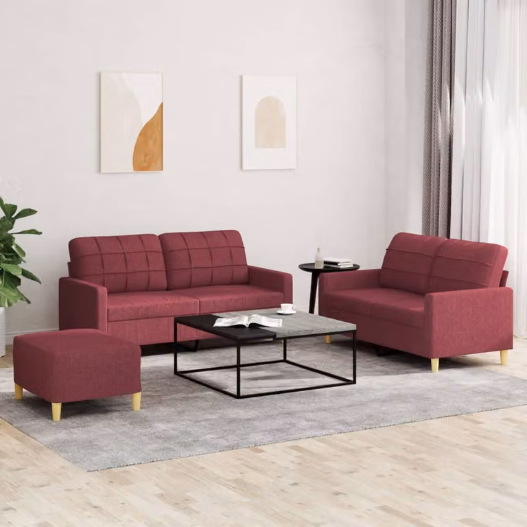 vidaXL Set di Divani Moderno in Tessuto Rosso con Cuscini e Pouf