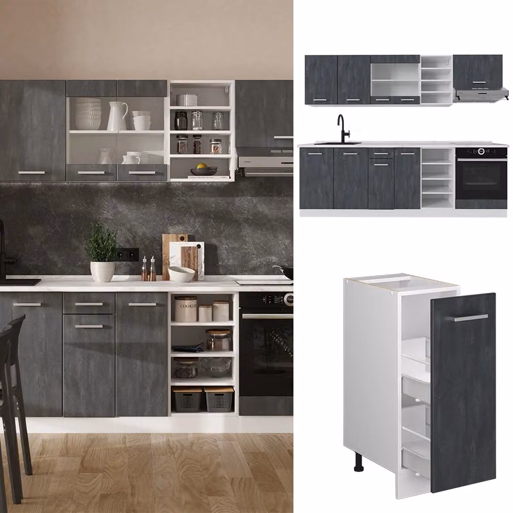 Cucina componibile moderna R-Line Vicco, Calce nera/Bianco con piano Antracite, L: 240 cm, P: 60 cm, H: 206,8 cm – 2