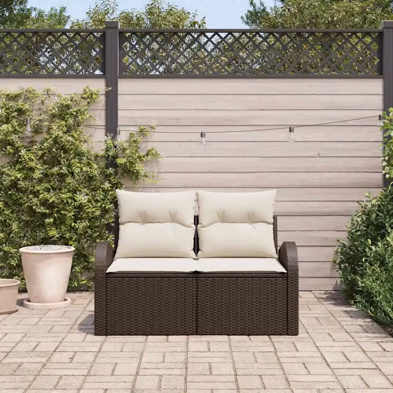 Divano da giardino vidaXL in polyrattan marrone con cuscini, L: 124 cm, P: 62 cm, H: 69 cm