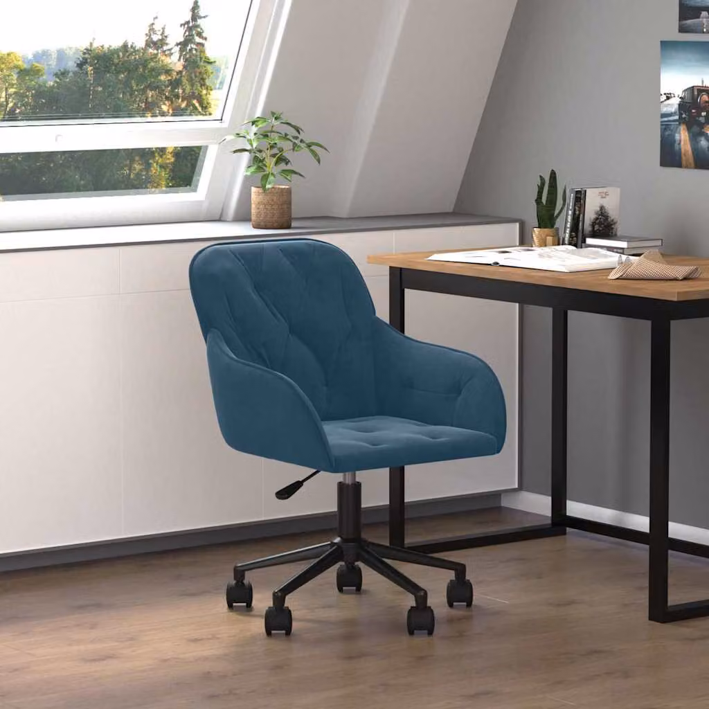 vidaXL Sedia Girevole da Ufficio in Velluto Blu con Ruote e Struttura in Metallo e Legno