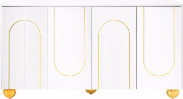 Credenza a 4 ante con rilievo dorato ad arco per soggiorno e sala da pranzo, colore bianco e oro, L 140 cm x P 40 cm x H 74 cm