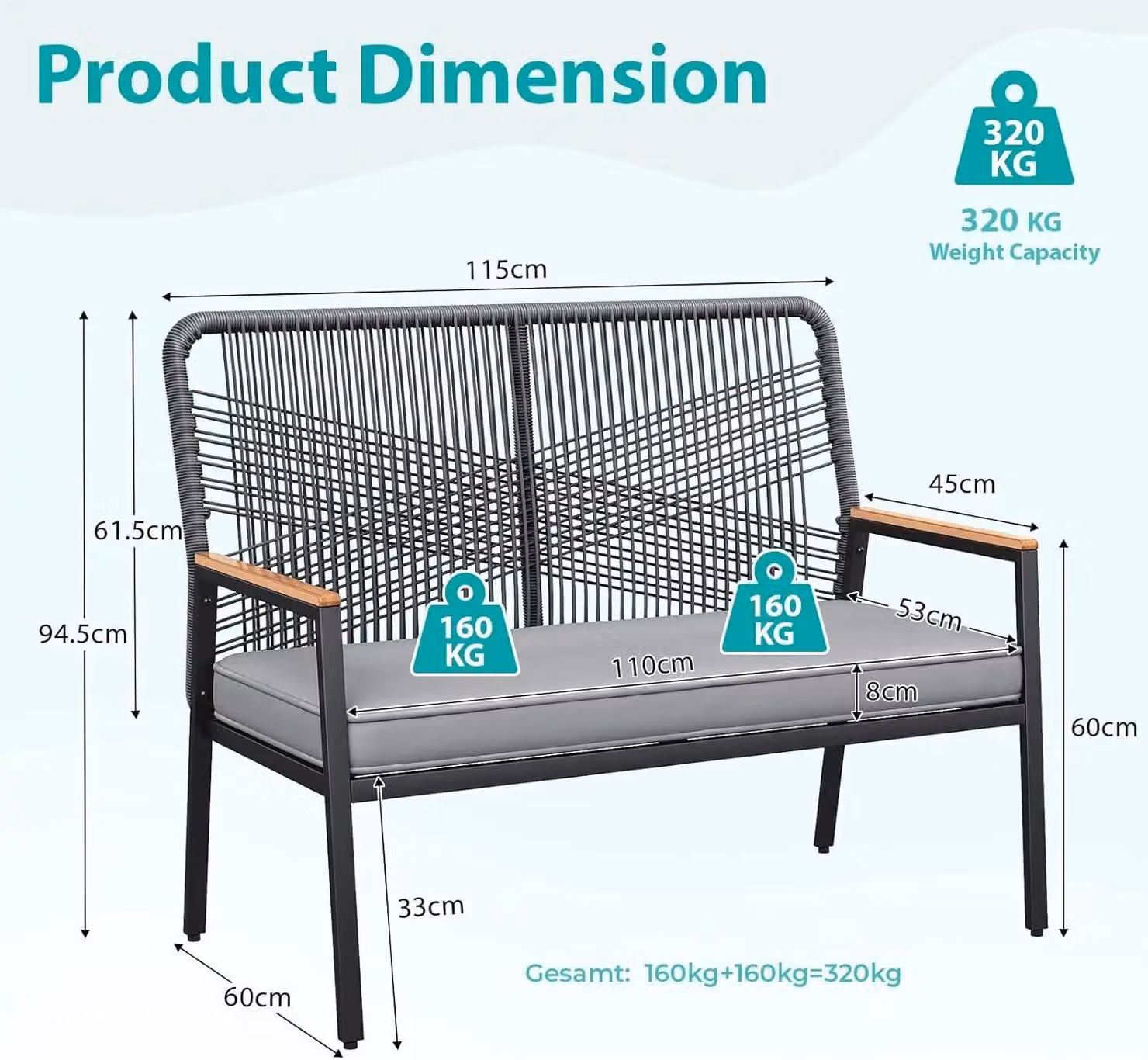 Panchina da giardino in rattan - Panchina da giardino a 2 posti in polyrattan - Panchina da esterno con struttura in metallo - Cuscino di seduta da 8 cm - Stile moderno e minimalista - Nero-grigio