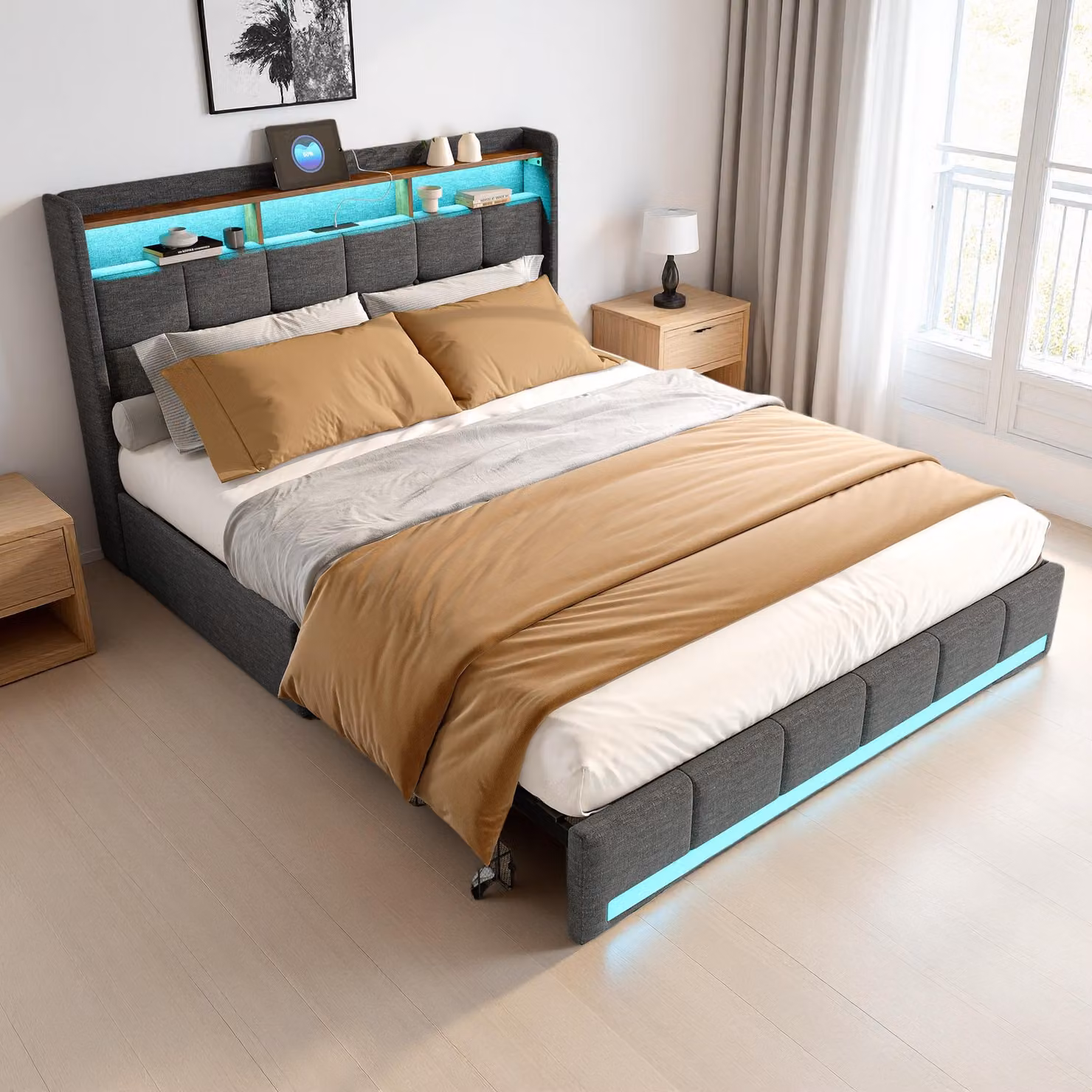 Letto imbottito ProximaX 140x190 cm in tessuto di lino grigio con illuminazione LED, connessione USB e Type-C e 4 cassetti - Letto contenitore moderno dal design confortevole