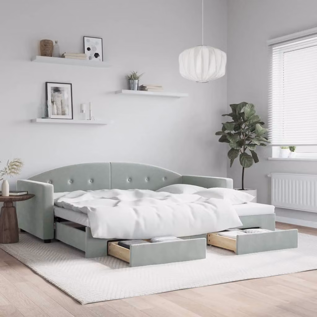 vidaXL Divano Letto Estraibile con Cassetti in Velluto Grigio, L/P/H: 190 x 90 x 75 cm