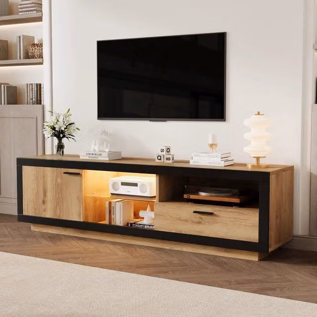 Mobile TV con LED multicolore, 1 cassetto, vano chiuso e 3 ripiani aperti, per soggiorno, nero e rovere, 160 × 40 × 50 cm
