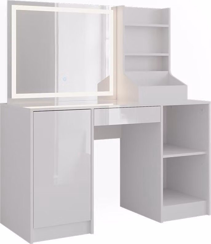Tavolo da toeletta Vicco Sherry Bianco/Bianco lucido 128.2 cm con specchio a LED, Model 57629