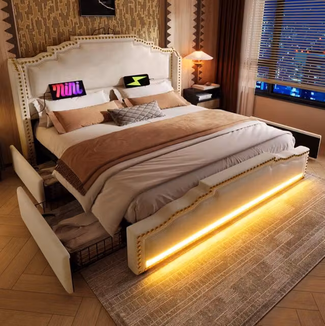 Letto matrimoniale 140x200 cm in velluto beige con 4 cassetti; LED e porte USB e Type-C