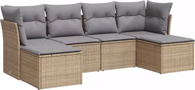 Set Divano da Giardino 6 pz | Set Salotto da Giardino con Cuscini Beige in Polyrattan