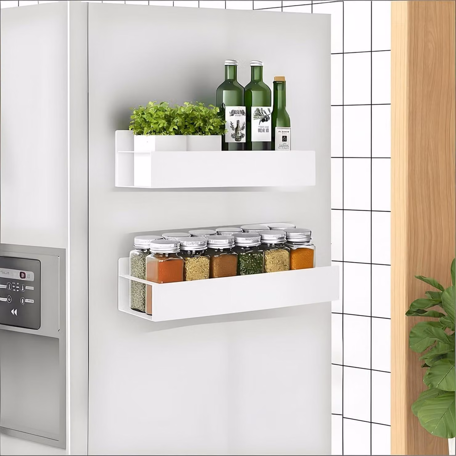 Omgoods - Porta spezie magnetico bianco con 2 ripiani e 4 ganci per l'organizzazione della cucina