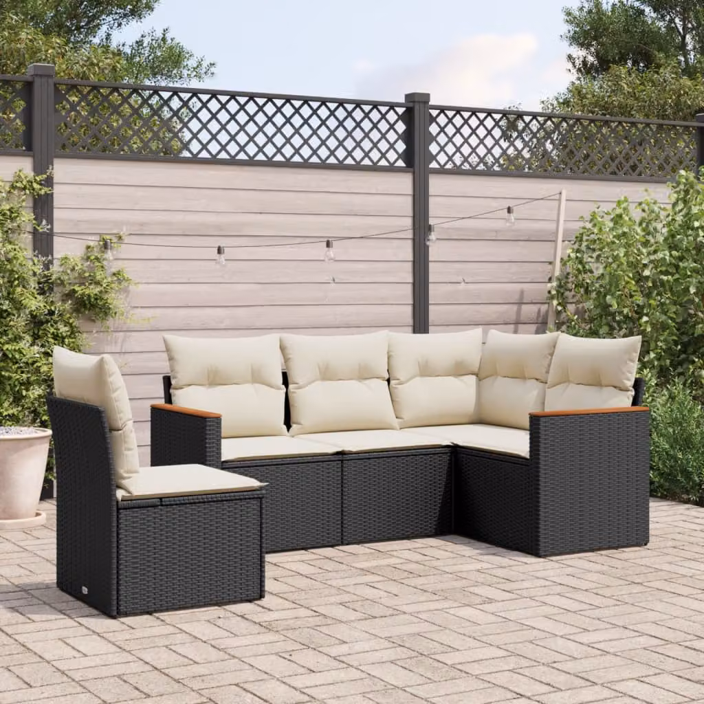 Set di Divani da Giardino vidaXL 5 pz a Forma a L con Cuscini, Struttura in Metallo e Polyrattan Nero e Bianco – 1