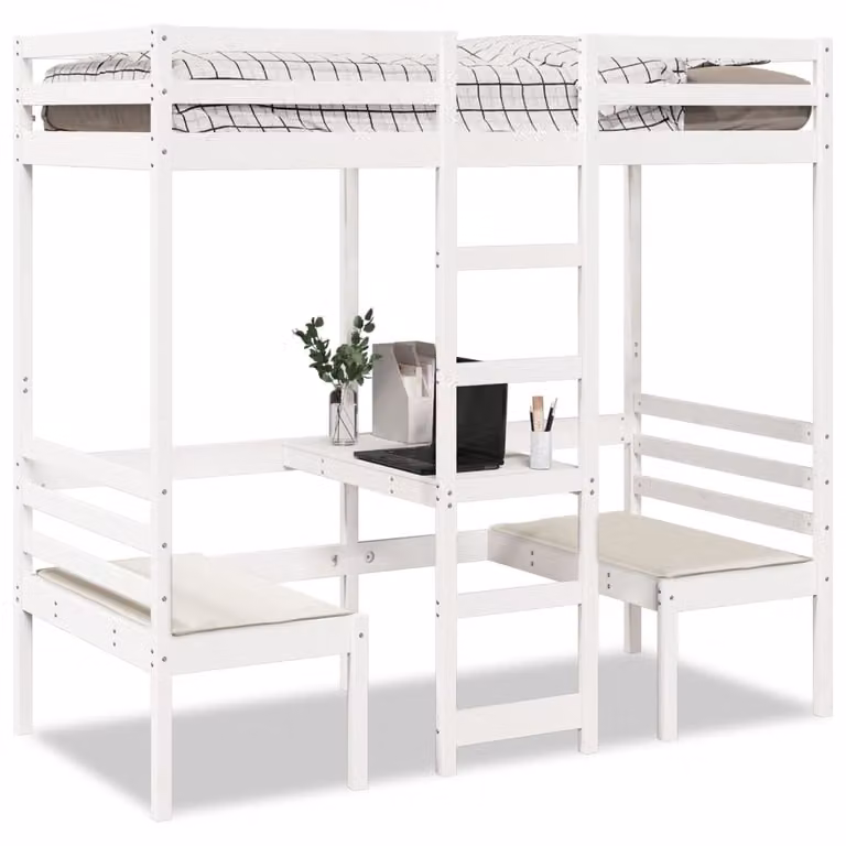 vidaXL Giroletto Soppalco in Legno di Pino con Scrivania e Sedie, Bianco, L: 190,5 cm, P: 82,5 cm, H: 195,5 cm