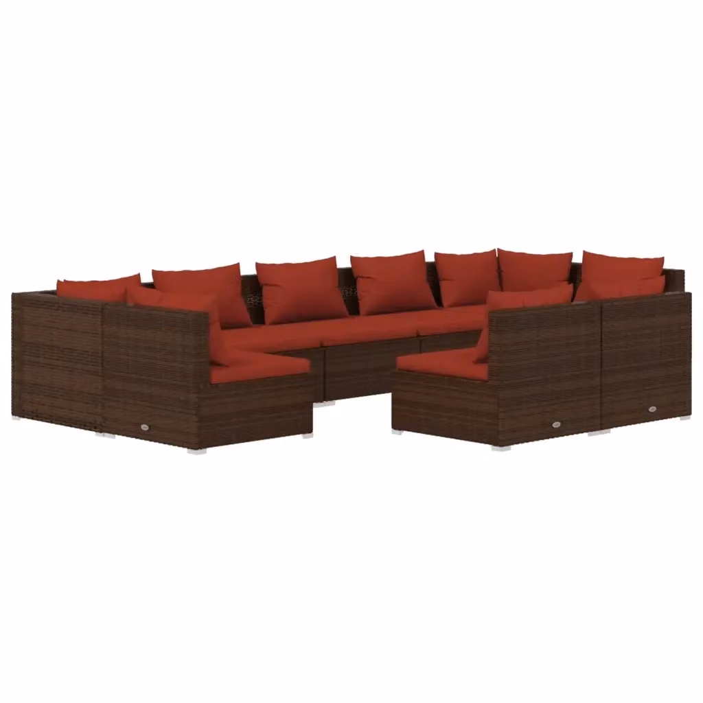 Set di divani da giardino a forma di L vidaXL composto da 9 pezzi con cuscini in tessuto marrone e rosso e struttura in metallo rivestita in rattan – 2