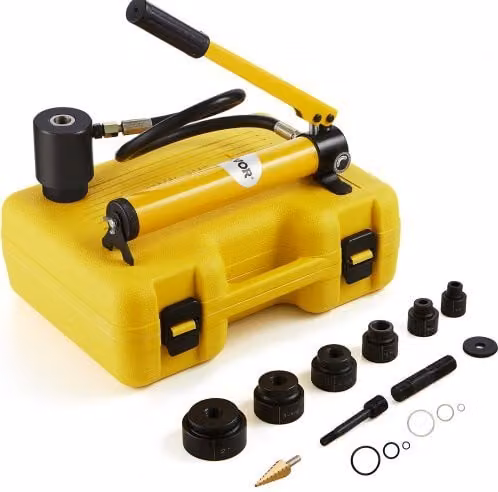 VEVOR Kit di Punzonatrice Idraulica in Acciaio Giallo con 6 Matrici da 1,27-5,08 cm e Tubo da 75 cm, Pressione Massima 10 Tonnellate