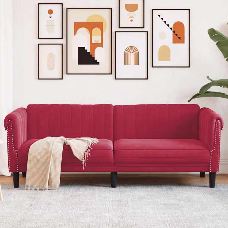 vidaXL Divano a 3 Posti Moderno in Velluto Rosso con Struttura in Legno L: 203 cm, P: 77 cm, H: 74 cm