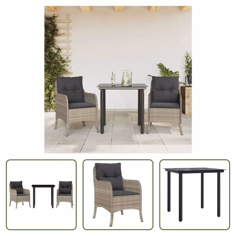 The Living Store Set da pranzo da giardino 3 pezzi con cuscini in rattan grigio chiaro