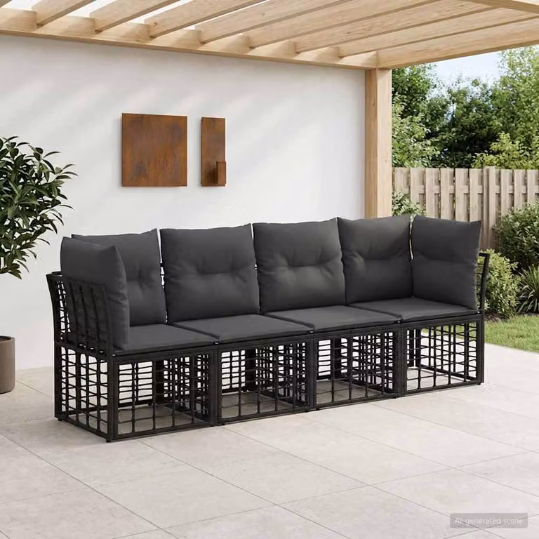 Set di divani da esterno a L vidaXL in polyrattan nero con cuscini in poliestere resistente ai raggi UV